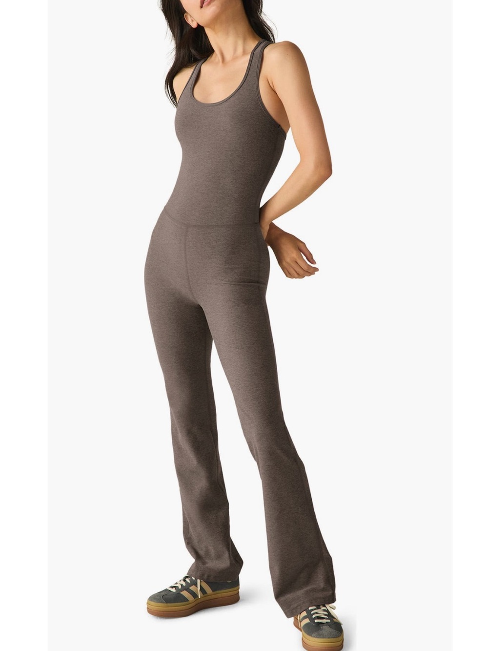 Beyond Yoga All Around Space Dye Flare Leg Jumpsuit in Soft Umber Heather Small